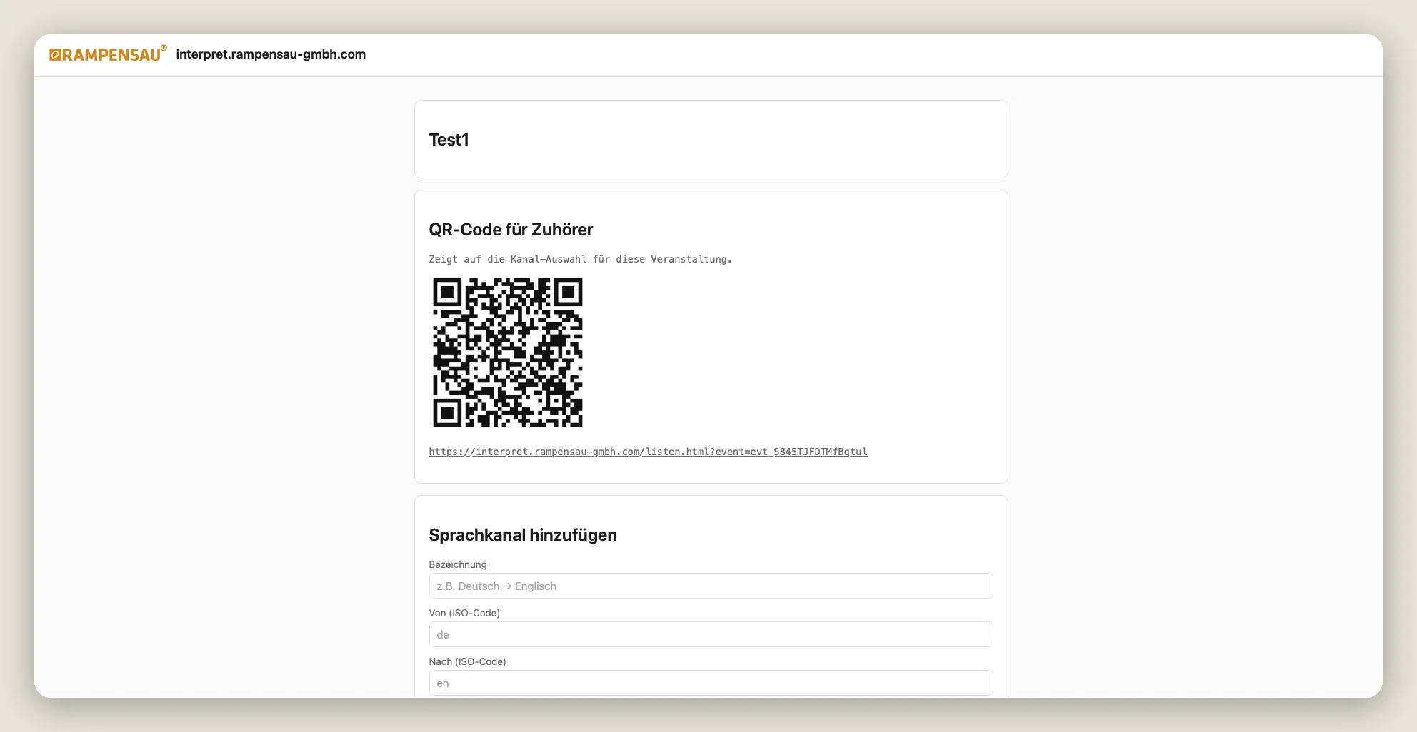 Interpret-Oberfläche mit QR-Code für Zuhörer und Verwaltung der Sprachkanäle